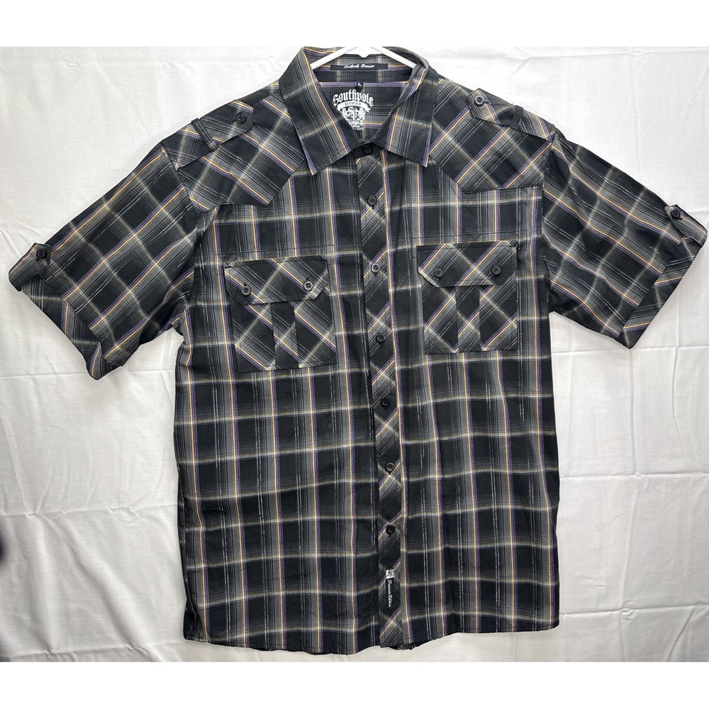 Y2K Southpole Plaid‎ Button Down Shirt Size Men's Large Streetwear Short Sleeve